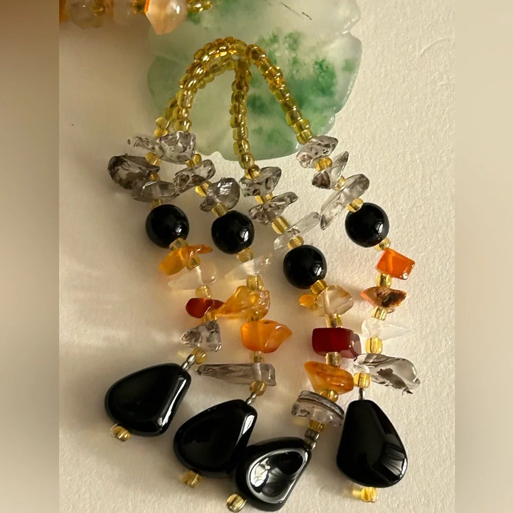 Necklace Artisan Jade flower tassel, Onyx, Rutilated Quartz, Carnelian beads